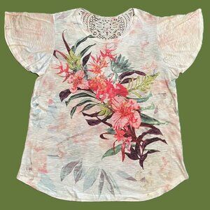 TIME AND TRU Womens Top LARGE Multi Color FLORAL Rhinstones BOHO  1176AT